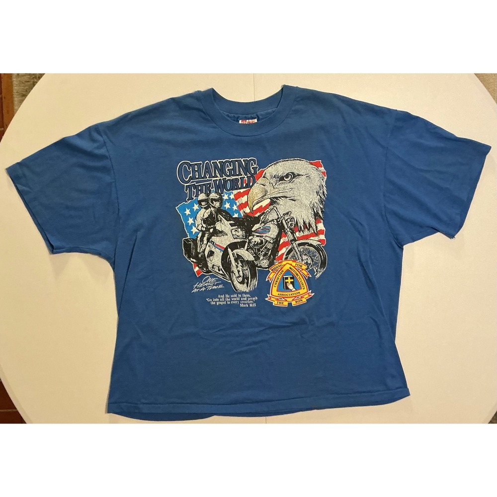 VTG USA Made‎ Single Stitch Christian Motorcycle Grunge T-Shirt Blue XXL Eagle